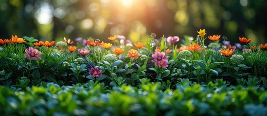 Poster - Sunlit Garden with Blooming Flowers