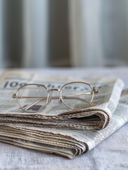 Aufkleber - A pair of eyeglasses lies on a stack of folded newspaper on a minimalist background. Generative AI