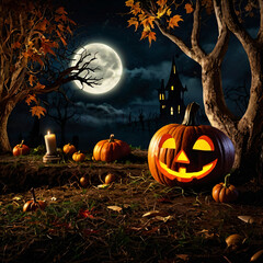 Wall Mural - halloween eve celebration with pumpkins produced ai