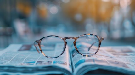Fototapete - Eyeglasses with tortoise shell frames rest on an open book against a soft, blurred background. Generative AI