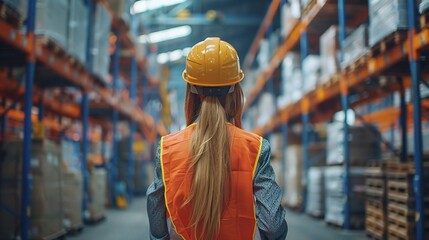 Canvas Print - Woman, logistics and inspection of warehouse distribution safety, quality control and manufacturing development. Person back, engineer and helmet at plant site, inventory freight and cargo process