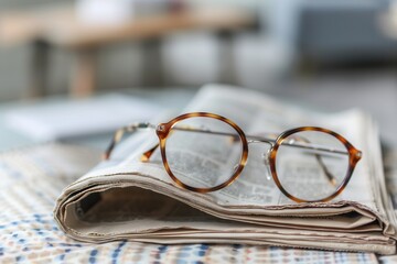Aufkleber - A pair of eyeglasses rests on top of a folded newspaper in a minimalist setting. Generative AI