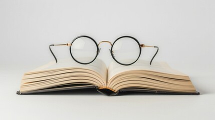 Aufkleber - A book with pages open lies flat on a white background. A pair of round eyeglasses sits atop the book. Generative AI