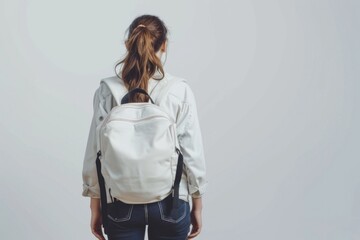 A person hiking with a white backpack and jeans