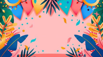 Wall Mural - colorful paper cut tropical leaves and flags summer background for website design, social media post