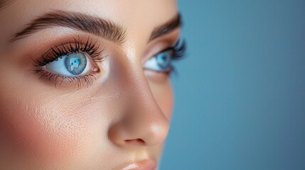 Sticker - Woman's eyes and portrait in a studio setting, emphasizing care and wellness with mockup tests for microblading and cosmetics.