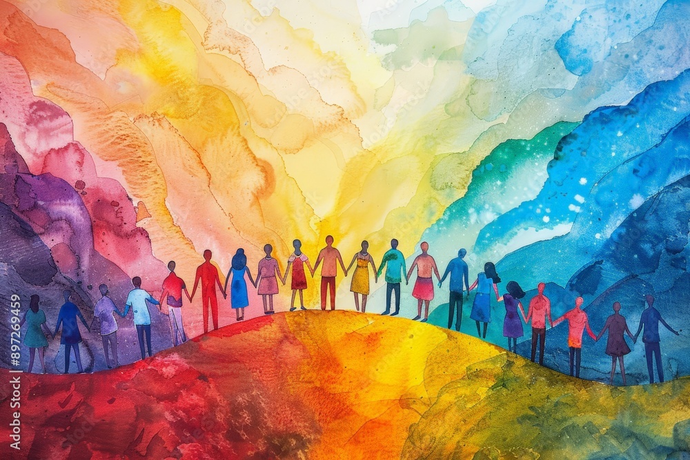 Colorful, abstract image diverse group holding hands on hill ...