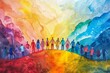 © Thaniya - Colorful, abstract image diverse group holding hands on hill, symbolizing unity, pride, support for LGBTQ+ community. Vivid colors abstract background harmony togetherness, celebrating inclusivity.
