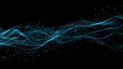 Abstract blue digital particle wave on black background, futuristic data flow concept