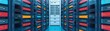 © AucArtStudio - rows of servers in a data center with colorful lights and server racks - technology and networking concept.