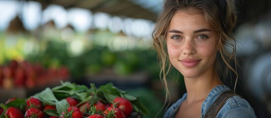 Wall Mural - Smiling Woman in a Market with Red Tomatoes