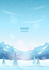 Wall Mural - winter mountain scene. fir trees in snow drifts, mountain ranges in the background. blue sky, snowfa