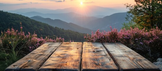 Poster - Wooden Tabletop with Mountain Sunset View