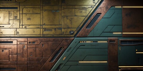 Sticker - A close-up of textured metal panels in a futuristic setting. The panels are green, gold, and copper with yellow lights illuminating the edges