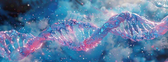 Sticker - DNA gene background helix cell genetic medical biotechnology biology bio. Technology DNA abstract molecule medicine blue 3D background research digital futuristic human concept health.