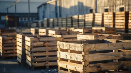 Sticker - Empty wooden crates in warehouse yard with text space