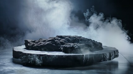 Poster - Background of black dark smoke in front of a product platform with a fog spotlight. Deep black floor podium with a dramatic night room table frame of concrete wall behind.