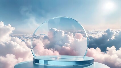 A round mirror on a tabletop surrounded by clouds, sky in the background, precisionist matte painting