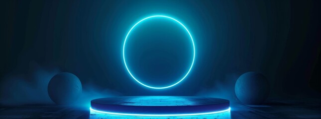 Wall Mural - The neon podium background is a blue light, 3D platform product stage with a dark effect. The pedestal podium background is lit by a circle LED stand at the center, highlighting the stage's empty