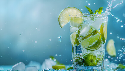 Mojito with splash and drops. Cocktail or mocktail with lime, mint, and ice in glass on blue background. Summer cold alcoholic non-alcoholic drink, beverage and cocktail. Copy space