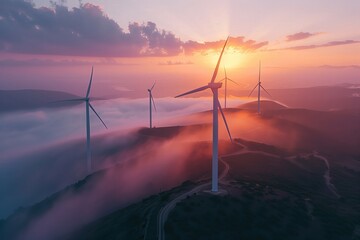 Wall Mural - aerial shot of a wind farm at dawn with soft morning light realistic serene tones drone photography 
