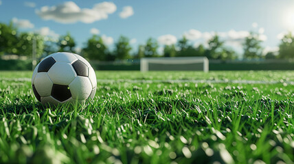 Grass field with a soccer ball and a goal in the distance, 3D rendered sports scene,