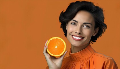 Wall Mural - brunette model with short hair wearing orange dress with an orange on her hand on orange background