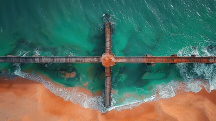 Wall Mural - Aerial View of Wooden Pier Stretching Over Turquoise Ocean Waves