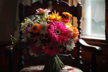 Sticker - Vibrant bridal bouquet with pink, orange, red and yellow flowers resting on an antique wooden chair by a window