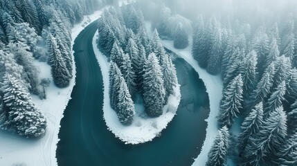 Poster - Aerial View of Snowy Forest and Winding River in Winter Wonderland