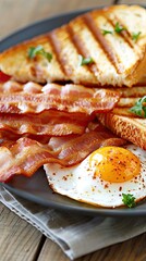 Wall Mural - A plate of fried eggs, crispy bacon, and toasted bread with a pat of butter