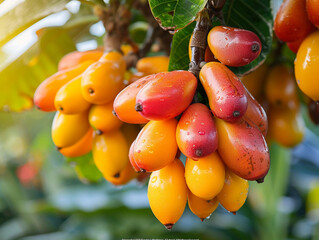 Wall Mural - Ripe Red and Orange Fruits Hanging on a Branch in a Tropical Forest