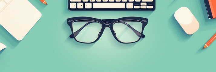 Aufkleber - A pair of black eyeglasses sits on a clean, green desk. A keyboard and mouse are visible in the background, suggesting a workspace. Generative AI