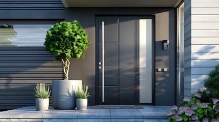 Wall Mural - Minimalist black back door with frosted glass panel and sleek lines 