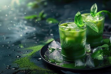 Two Glasses of Green Basil Lemonade with Ice Cubes on a Plate