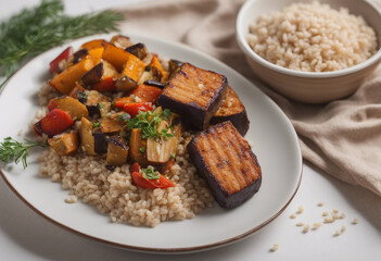 Wall Mural - A serving of baked tempeh with roasted vegetables and a side of brown rice on a white background.
