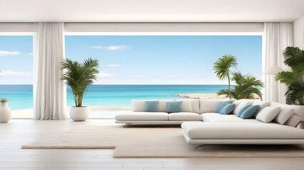 large living room with a sea view that is unoccupied in a lavish summer beach property with a pool n