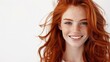 © Ace64 Studio - Closeup of happy attractive young woman with long wavy red hair and freckles wears stylish t shirt looks happy and smiling isolated over white background.
