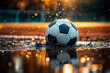 © Alex Puhovoy - Soccer ball in a puddle. Dirty football ball. Ball on a wet soccer field. AI generated