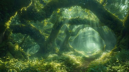 Poster - Enchanted Forest Path: A Verdant Wonderland of Lush Foliage and Ethereal Light