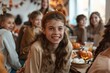 © Milos - A young girl with long hair smiles at a festive autumn celebration, surrounded by friends, pumpkins, and themed decorations, creating a warm and cheerful atmosphere.