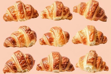 Wall Mural - Flaky pastry and golden brown croissants on a wooden surface, perfect for breakfast or brunch