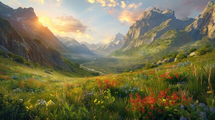 Wall Mural - Sunrise over Mountain Valley