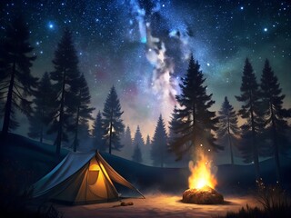 Wall Mural - camping in the forest at night with a bonfire and a tent camping in the forest with a bonfire on the