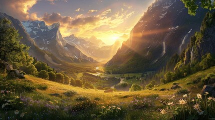 Wall Mural - Golden Hour in the Alpine Valley