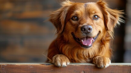 Wall Mural - A Golden Retriever's Warm Gaze, Resting Paws on a Wooden Railing. Generative AI