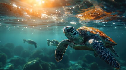 two sea turtles swimming near the surface of the water