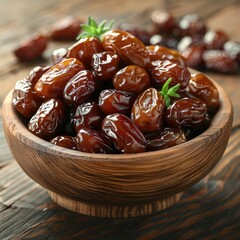 Wall Mural - Closeup of Sweet Dried Dates in Wooden Dish: Organic, Healthy Snack and Dessert, Mediterranean Del