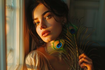 A woman holds a colorful peacock feather against a window, possibly as a symbol of pride or beauty