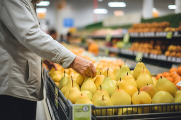 Costumer picking pears in supermarket aisle. Unrecognizable person